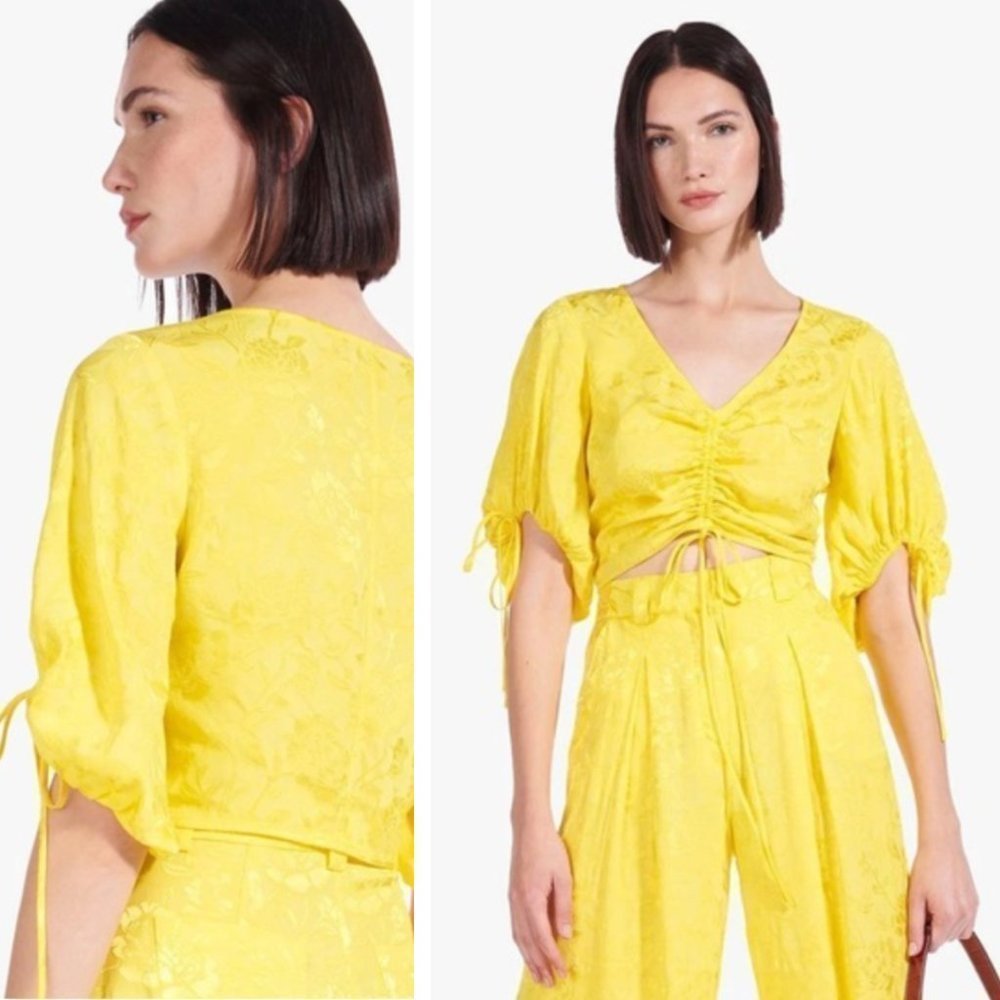 NWT Staud Bloom Top in Buttercup Yellow Floral Jacquard Satin Blossom